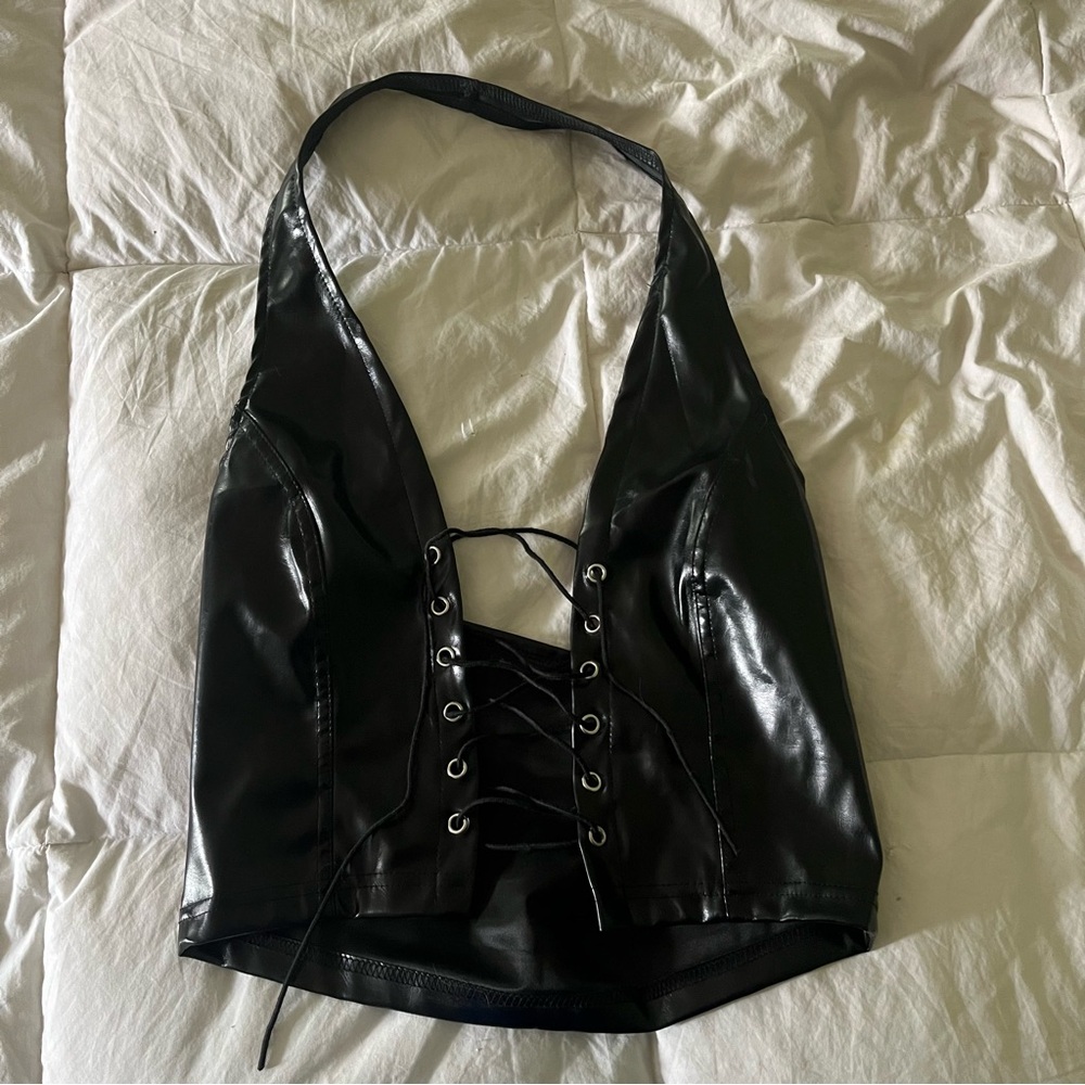 Black leather cross top
